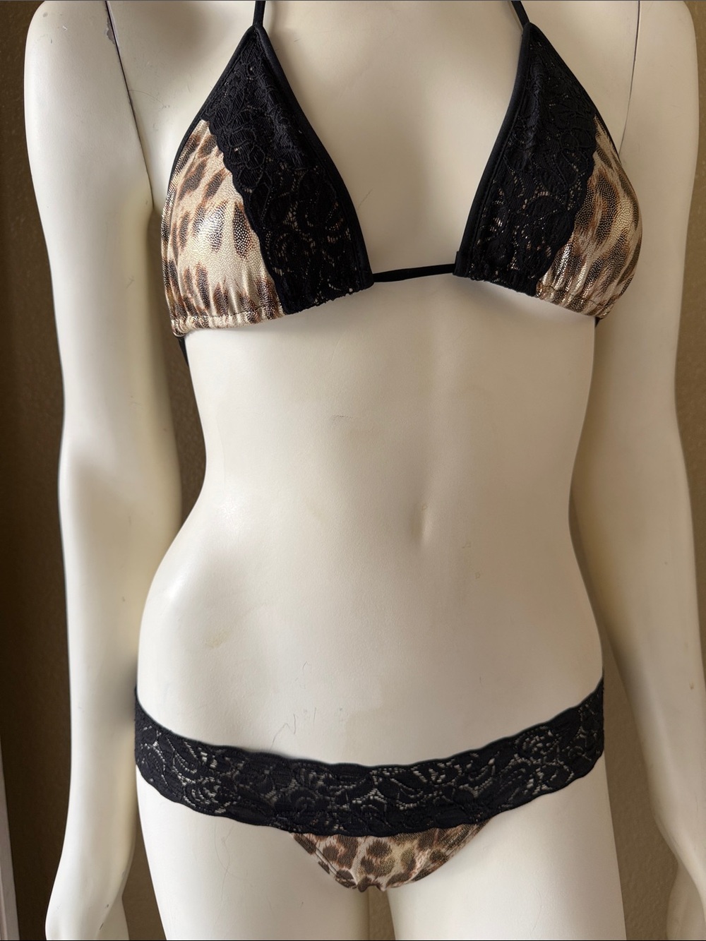 Black Lace & Leopard Triangle Bikini Bra and Panty Set